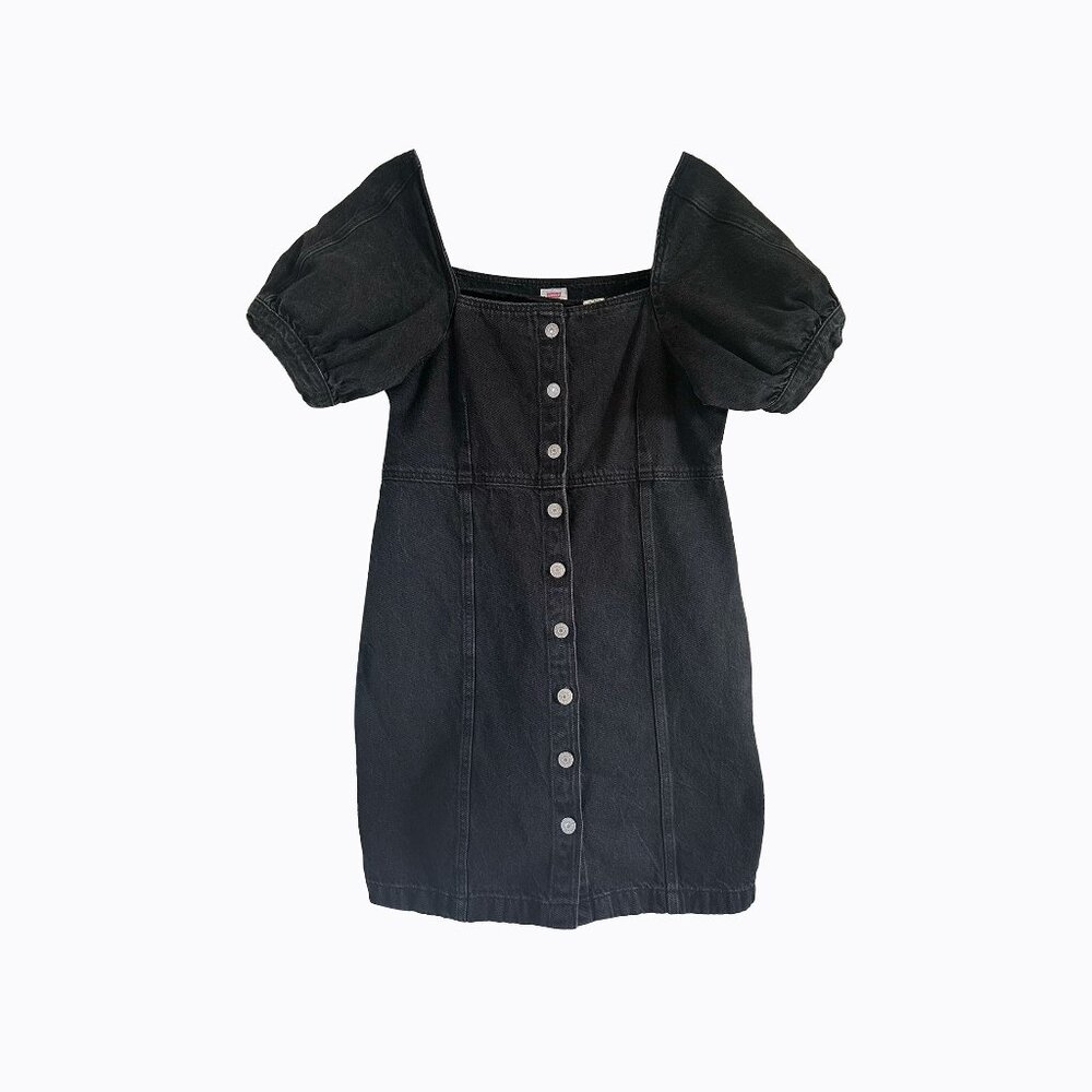 Levi's Premium Rhode Denim Mini Dress L Cotton Button-Up Puff Sleeve Milkmaid